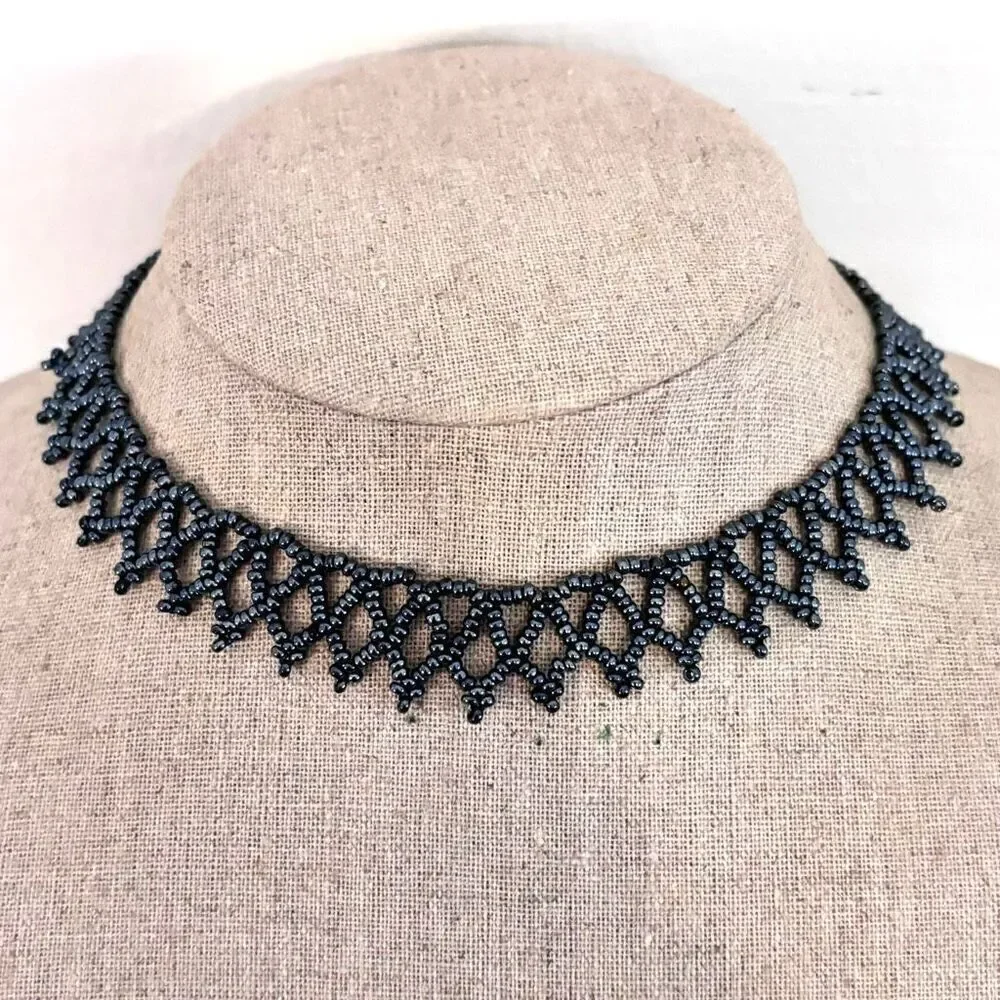Antique Netted Seed Beads Collar Choker Toggle Statement Fashion Necklace Black